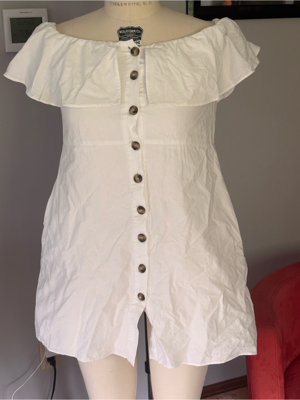 Zara White Off Shoulder Ruffle Button-Front Dress